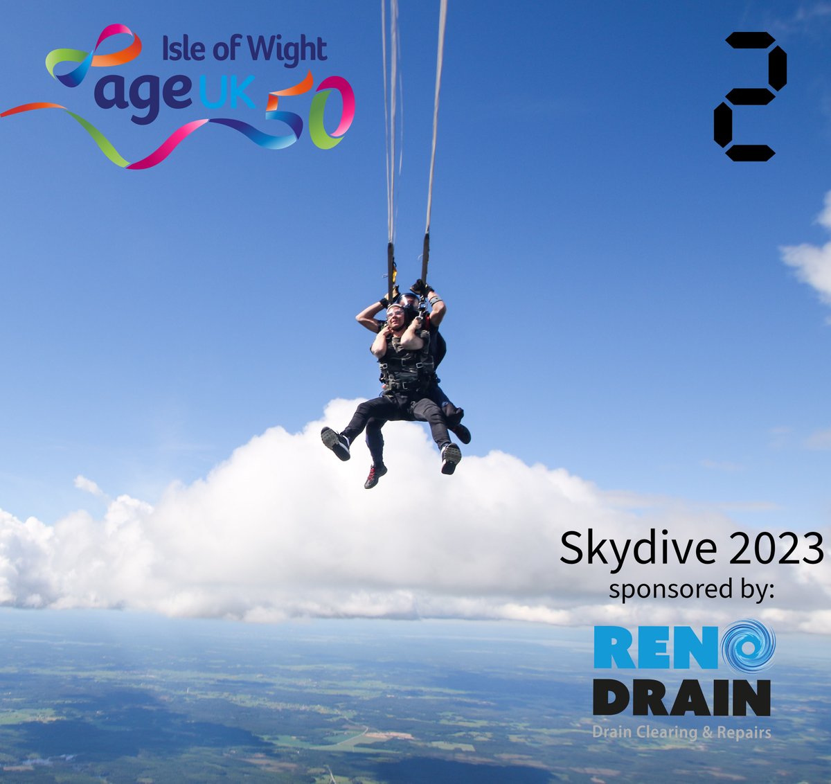 2: Two weeks to go to our Skydive 2023! Thanks to our friends at RenoDrain, our team of AgeUK IW Skydivers will soon get their best ever view of the Island! Can you help our brave Skydivers smash their target? Go to bit.ly/43g7YIP #charity #fundraising #iowevent
