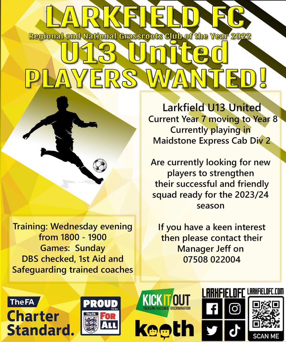 𝑷𝑳𝑨𝒀𝑬𝑹𝑺 𝑾𝑨𝑵𝑻𝑬𝑫!

Our U13 Utd team for 23/24 are looking for players to complete their squad as they prepare to go 11 a side this coming season.

Interested? all info &amp; contact details are on the poster - Jeff would love to chat with you &amp; answer any questions 🟡⚫️