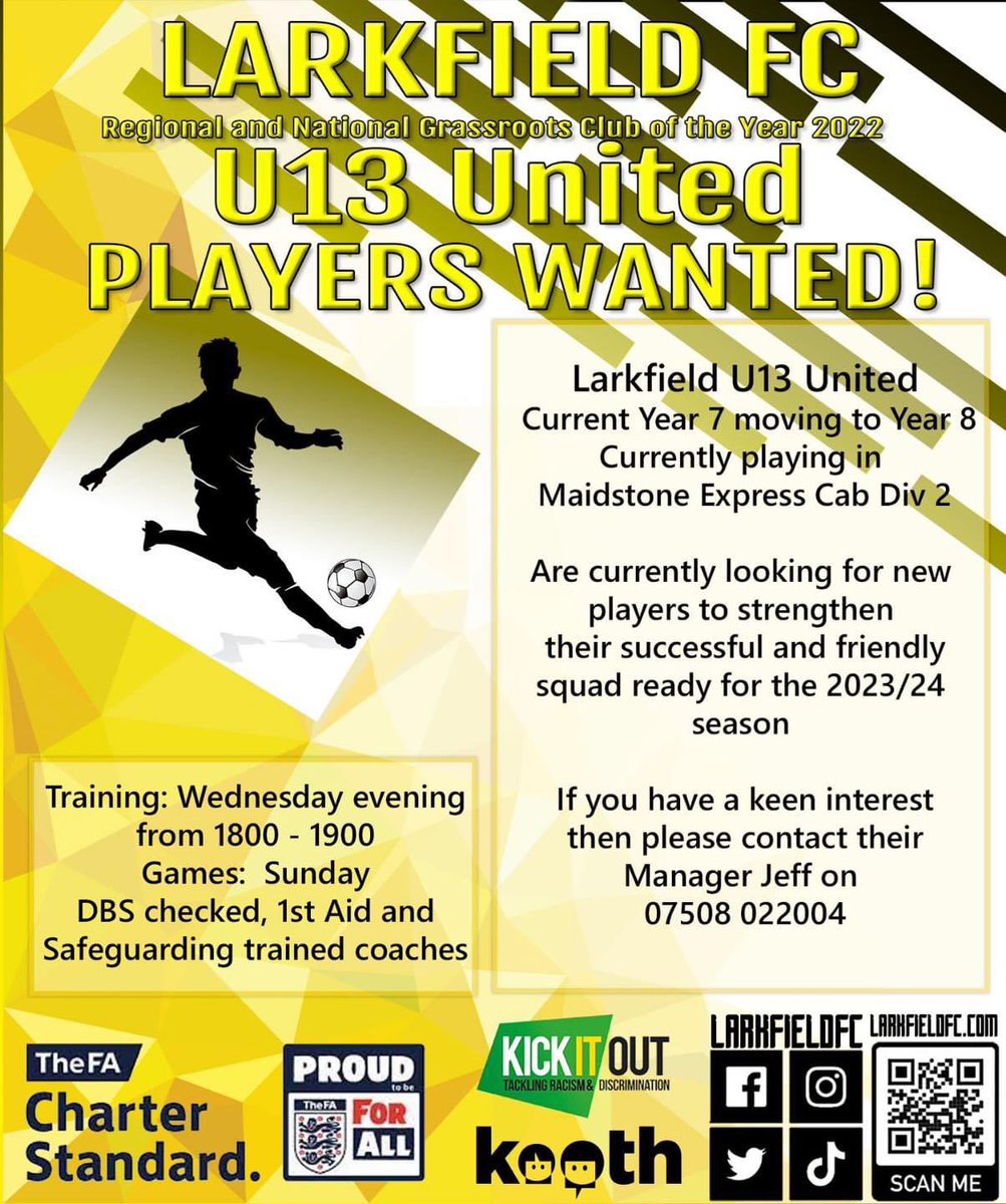 𝑷𝑳𝑨𝒀𝑬𝑹𝑺 𝑾𝑨𝑵𝑻𝑬𝑫! Our U13 Utd team for 23/24 are looking for players to complete their squad as they prepare to go 11 a side this coming season. Interested? all info & contact details are on the poster - Jeff would love to chat with you & answer any questions 🟡⚫️