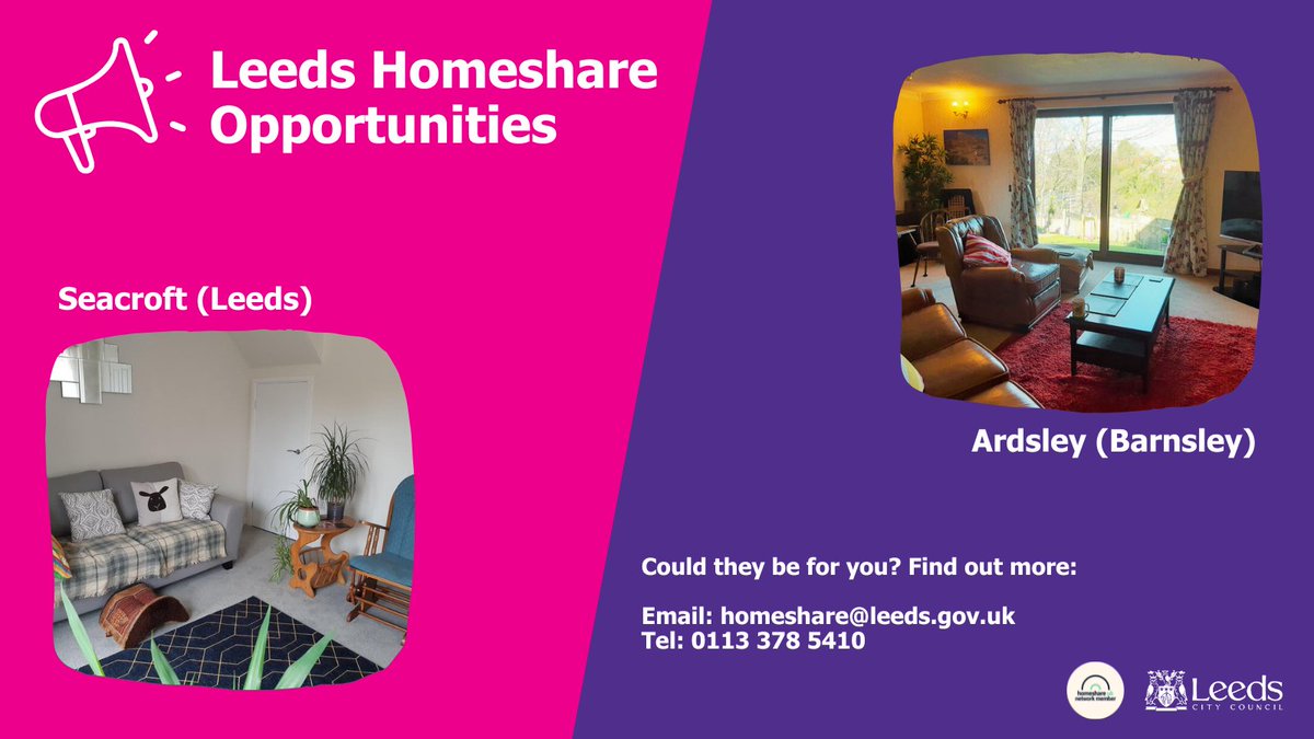 We have 2 Homeshare opportunities looking for sharers!

Could they be for you? Check them out below:

Seacroft (Leeds): spareroom.co.uk/16463551 

Ardsley (Barnsley): spareroom.co.uk/16134440
