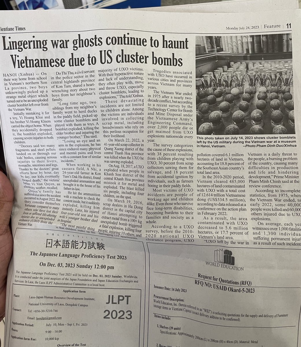 anthro_roy's tweet photo. Today’s newspaper &amp; visit to @COPELaos got me thinking of the less known longitudinal impacts of #war &amp; the role of #politicalecologies. This 🧵 is about #Laos 🇱🇦- the “most #bombed country in the 🌎 per capita”.  During the #VietnamWar, Laos suffered ~580,000 bombing missions! https://t.co/5AlVioUqFU