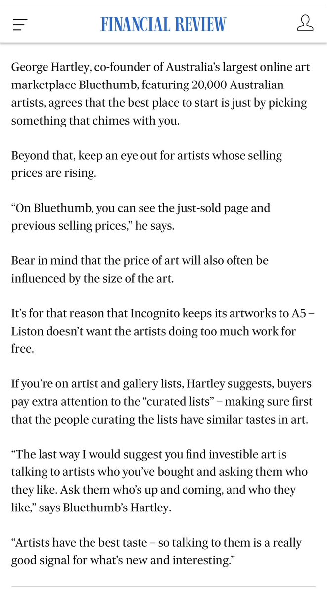 George Hartley (@gthartley) on Twitter photo We <a href="/BluethumbArt/">Bluethumb Art</a> were featured in the <a href="/FinancialReview/">Financial Review</a> “How to begin an art collection with $100” 🫰📈
afr.com/wealth/persona… We <a href="/BluethumbArt/">Bluethumb Art</a> were featured in the <a href="/FinancialReview/">Financial Review</a> “How to begin an art collection with $100” 🫰📈
afr.com/wealth/persona…
