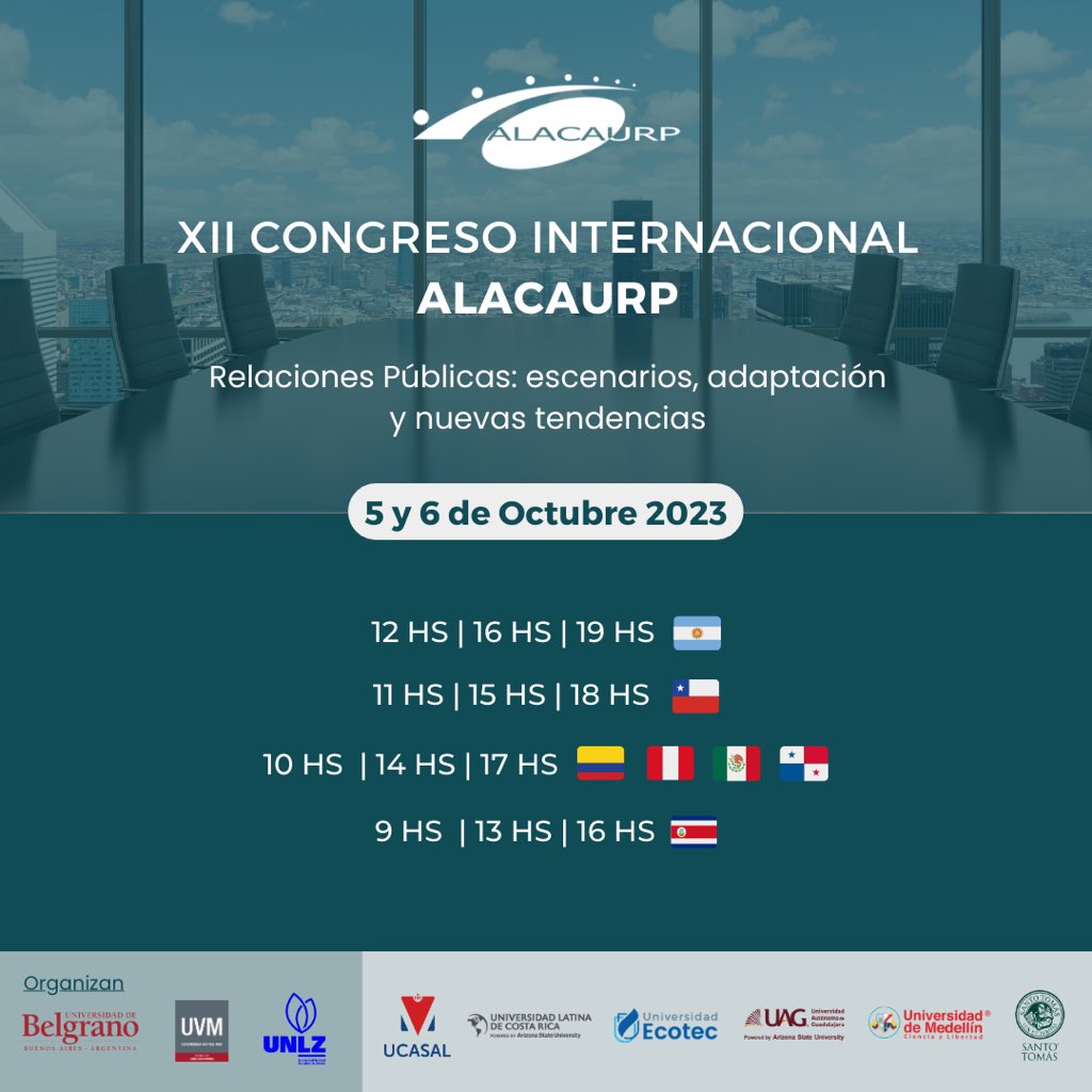 Te invitamos al XII Congreso de la Asociación Latinoamericana de Carreras Universitarias de Relaciones Públicas “Relaciones Públicas: escenarios, adaptación y nuevas tendencias”. 
🗓️ 5 y 6 de octubre.
📷 Link de inscripción forms.gle/vhwVTX3o6PHary…
¡Te esperamos!