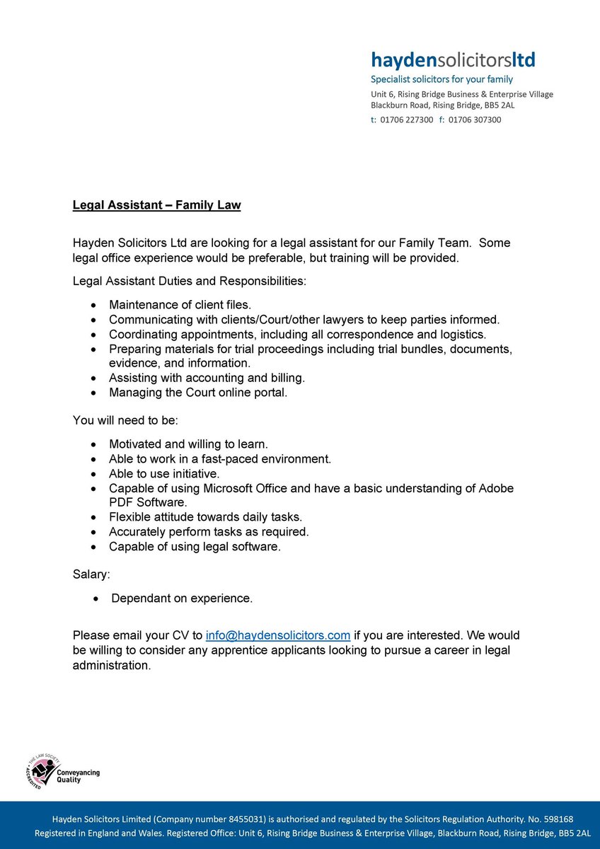 ‼️ We Are Hiring ‼️ 

Legal Assistant - Family Law. 

Please see further information below and email your CV to info@haydensolicitors.com if you are interested.