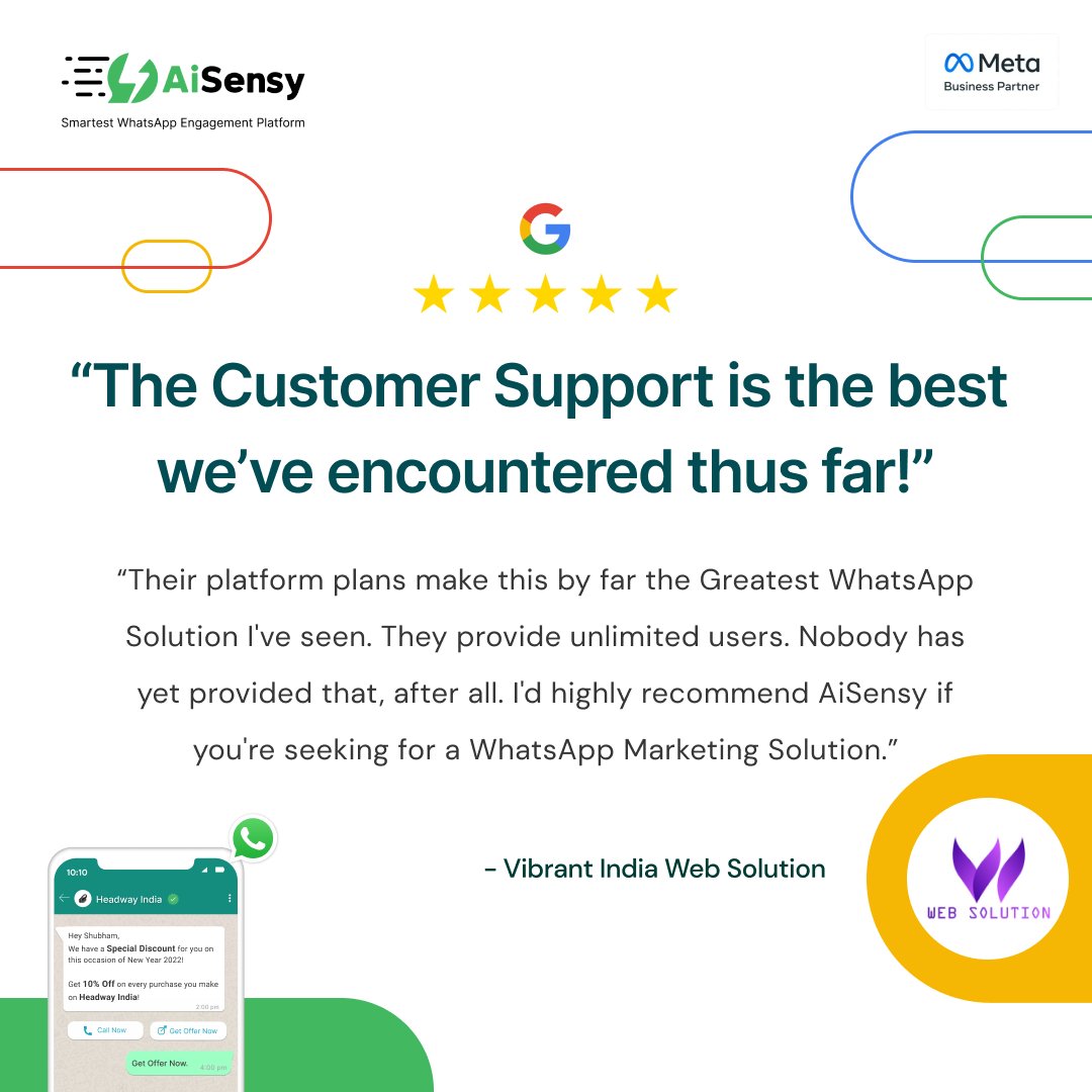 🌟#ourhappyclients 🎉🥳

Our customers say it's THE BEST!⚡️

Here's what one of our happy clients Vibrant India Web Solutions had to share about their experience with us.

 #feedback #testimonial #clienttestimonial #aisensy #aisensyforwhatsapp #whatsappapi