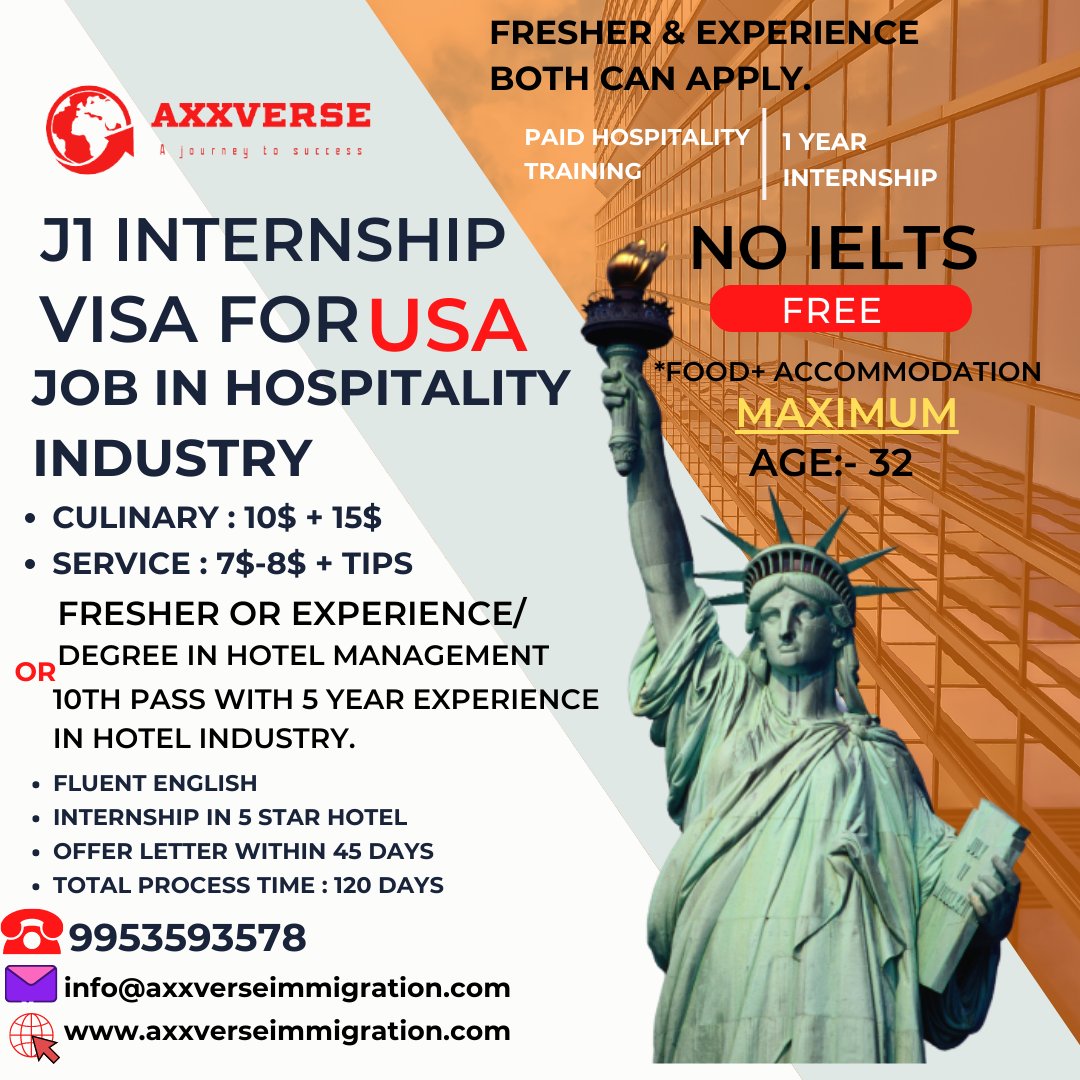 'Embarking on a Thrilling Journey in the Hospitality Industry! 🌟🇺🇸 #J1Visa #InternshipUSA #HospitalityJobs #CareerBoost #InternationalExperience #DreamJobAwaits' #J1Visa #HospitalityIndustry #InternationalExperience #CareerGrowth'#newdelhi #axxverseimmigration