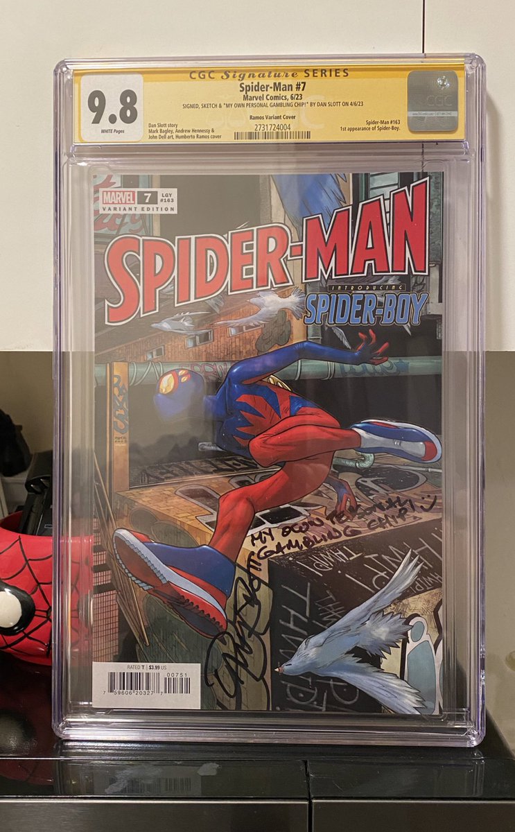 DanSlott's tweet photo. This is how much faith I have in SPIDER-BOY:

While doing a CGC signing for the release of SPIDER-MAN #7, *I* paid to get one. (And, yeah, I signed it. 😛)

It’s now the only CGC graded comic I own. (And the only comic I’ve signed for myself.)

I think Spidey-B’s here to stay.🤘 https://t.co/MIpssfw9g9