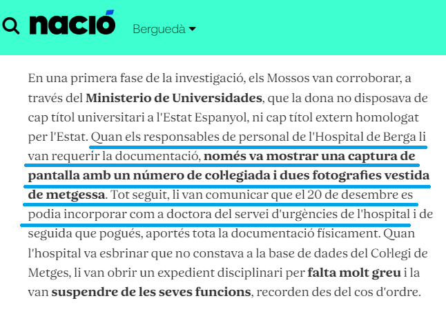 metgescatalunya's tweet photo. La falsa metgessa de Berga "només va mostrar una captura de pantalla amb un nº de col·legiada i dues fotografies vestida de metgessa" per treballar al servei d'urgències, via @naciodigital

Ja sabeu, aprofiteu les disfresses de carnestoltes i proveu sort. Hi ha molta demanda!🩺😉 https://t.co/EIpC5NDwGu
