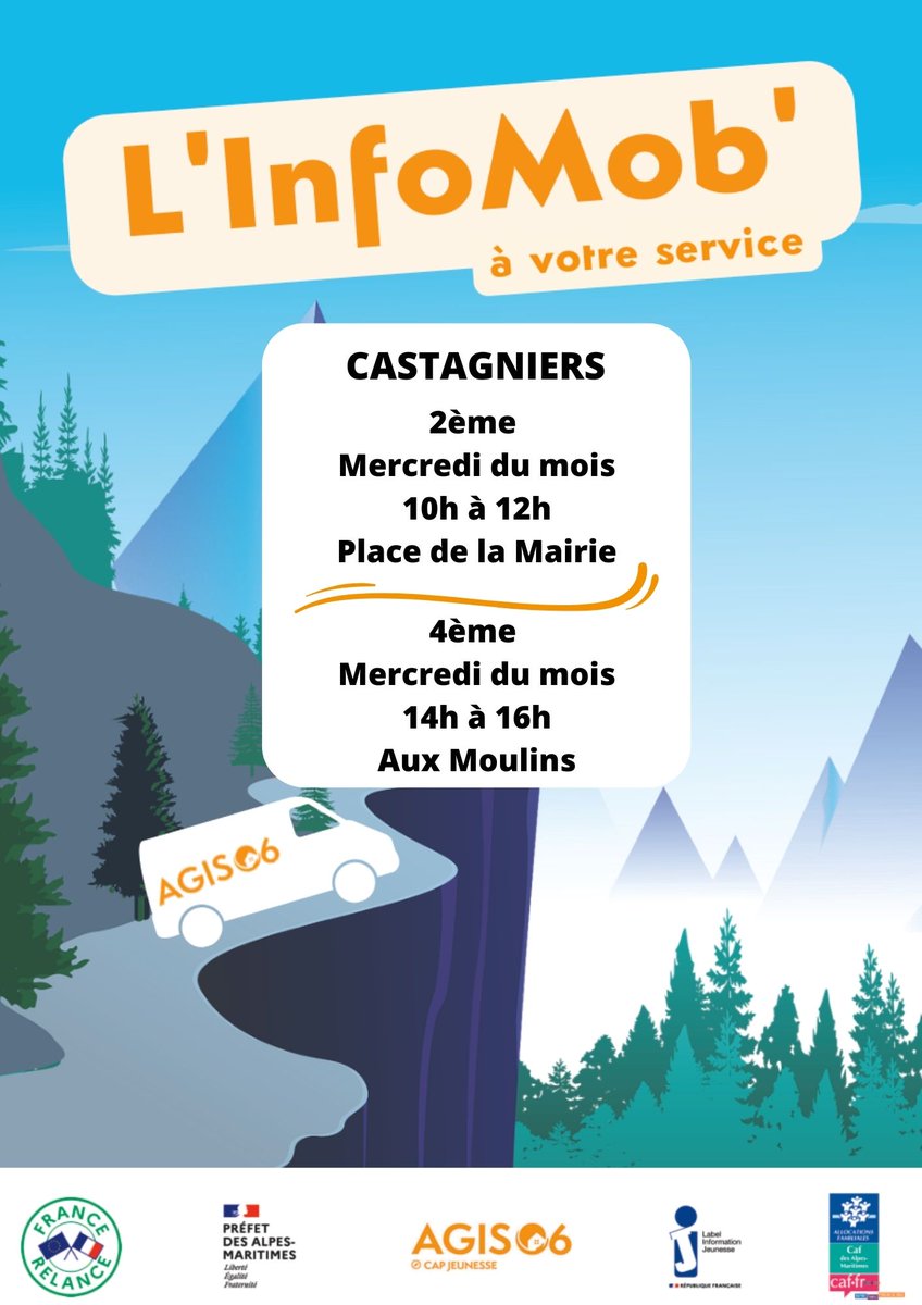 Agis06's tweet photo. 🚌 Demain, mercredi 25 juillet, retrouvez notre InfoMob':

✅ de 10h à 12h à Levens
✅ de 14h à 16h à Castagniers

Et Jeudi 26 juillet :
✅ de 10h à 12h à Sospel

#infomob #capjeunesse #explorerlespossible #AGIS06 https://t.co/BNCNHgELuf