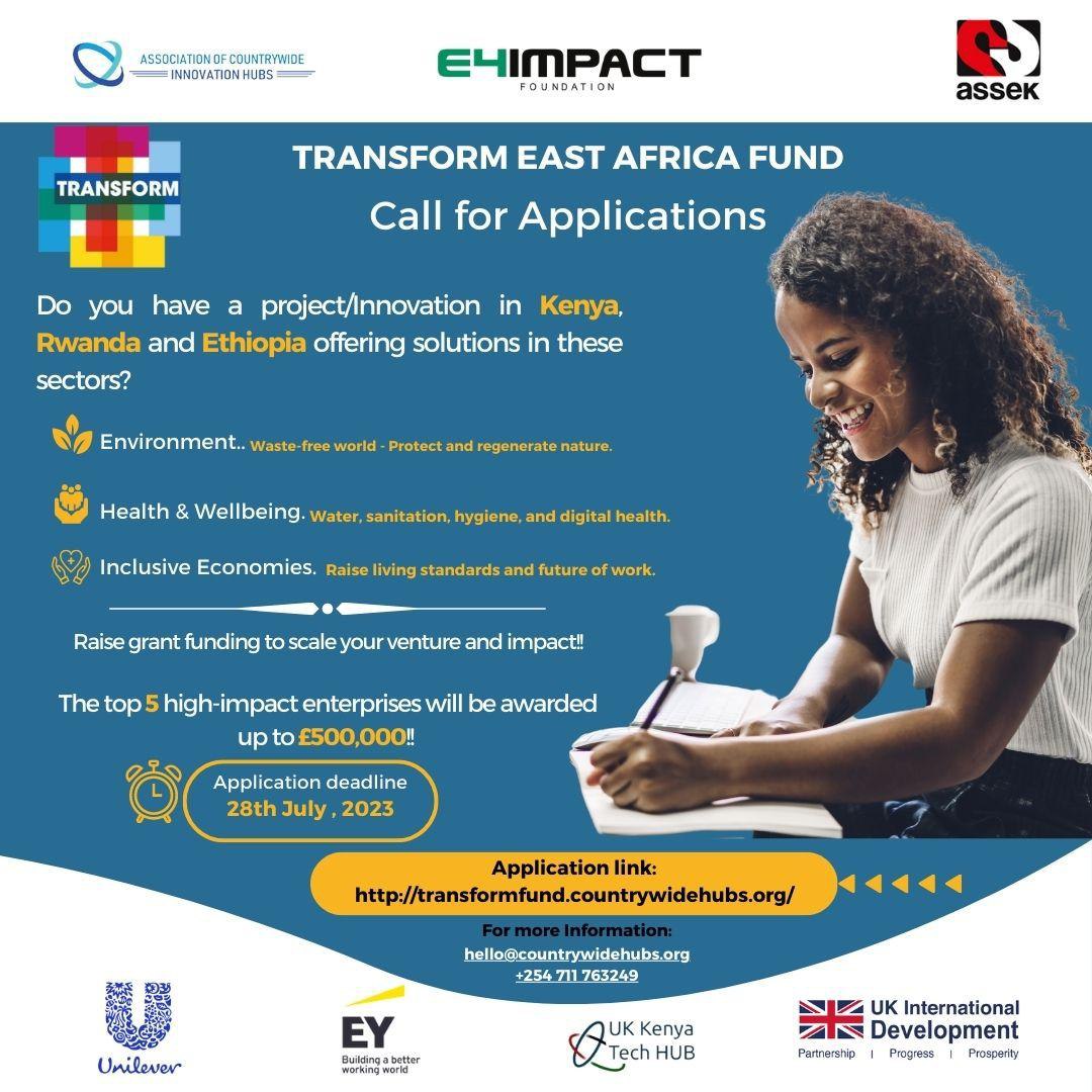 The opportunity comes with a more attractive award... DON'T MISS IT! 
#theAssociationofCountrywideInnovationHubs #E4impact #ASSEK 

invites you to apply for the Transform East Africa Fund!

              👉 Application Link: [lnkd.in/eiqCTY5A]