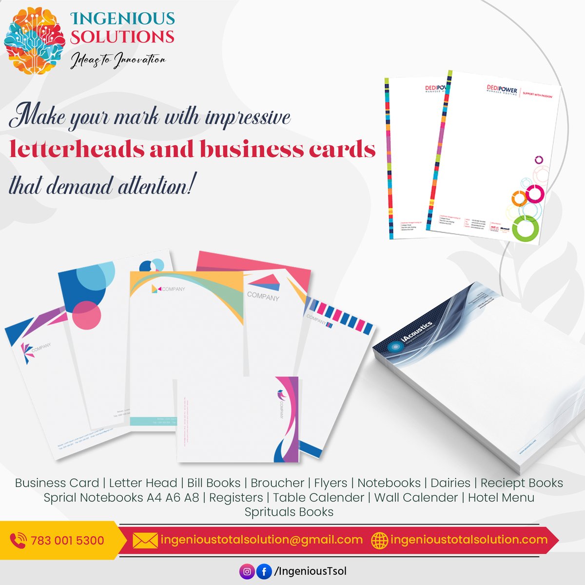 Make your mark with impressive letterheads
and business cards that demand attention! 🎯 Stand
out from the crowd with our top-notch prints. 📇✨

Order Now!
#CustomizedPaperBags #BrandElevation
#SustainablePackaging #PrintedWithLove #GoGreen
#ShopInStyle #ingenioustotalsolution
