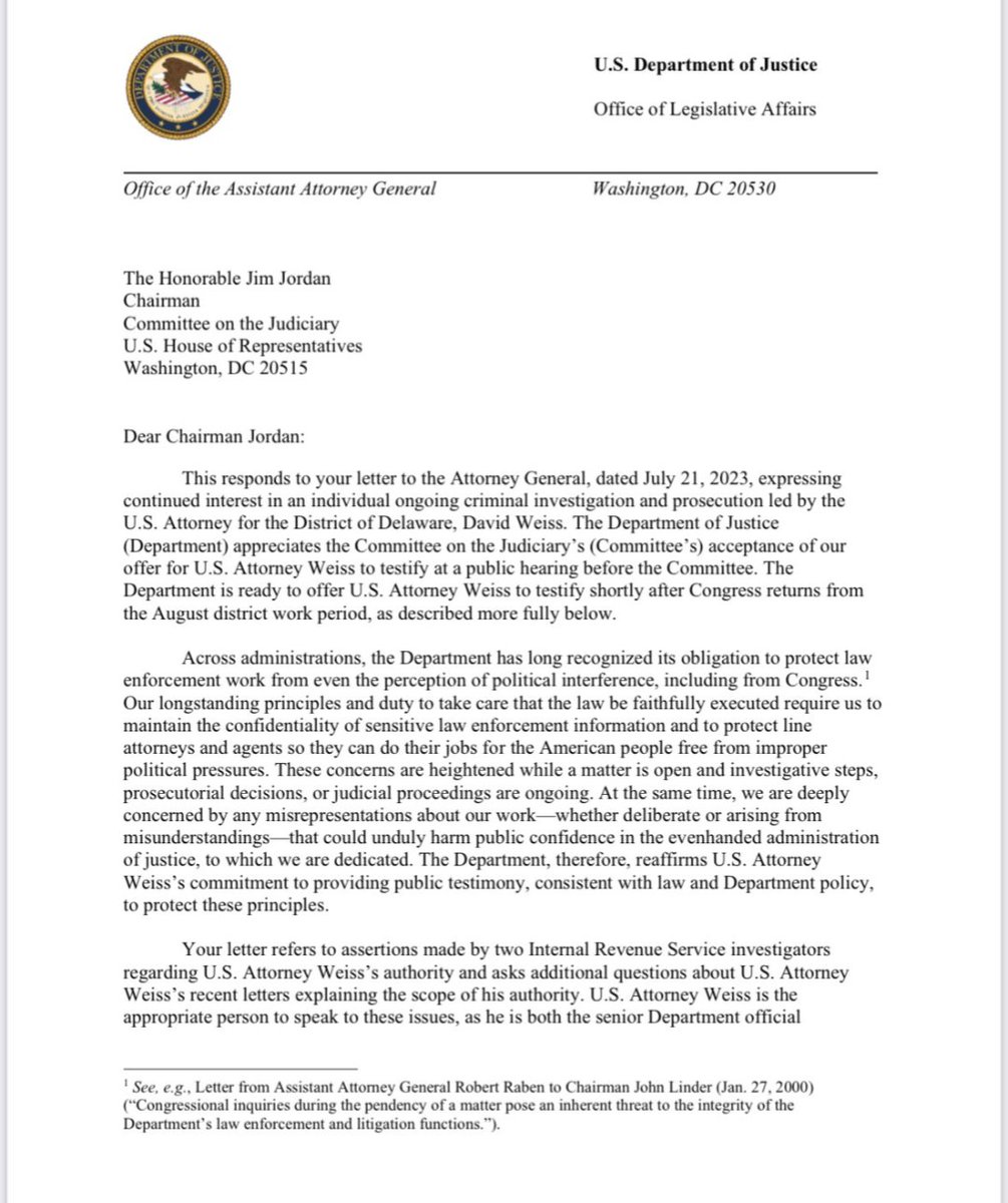 FordJohnathan5's tweet photo. #BreakingNews The Department of Justice sends a letter to Rep. Jim Jordan that they are concerned Republicans are misrepresenting the Hunter Biden probe and that U.S Attorney Weiss will be available to testify after August recess publicly! The Department of Justice says it's important that the citizens hear from U.S Attorney Weiss directly.