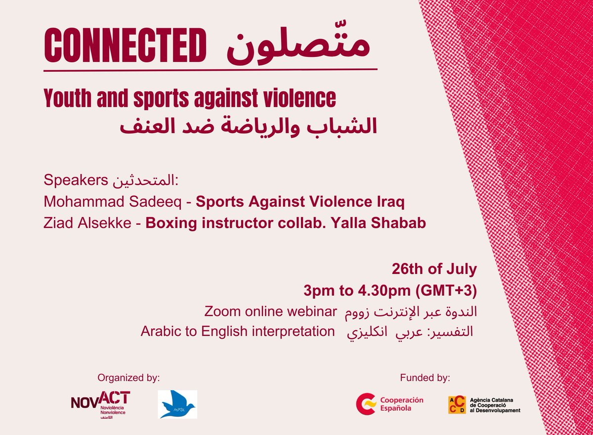In the framework of IDMAJ project, funded by <a href="/AECID_es/">AECID</a> <a href="/AecidJordan/">AECID Jordan/Lebanon</a> <a href="/CooperacionESP/">Cooperación Española</a>, join us on our Webinar CONNECTED about Youth and Sports Against Violence, organized by <a href="/novact__/">NOVACT</a>!

Link: us02web.zoom.us/j/82193670103?…