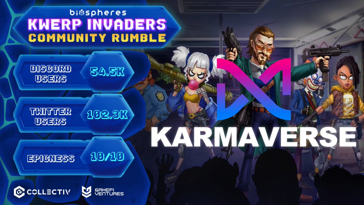 playbiospheres's tweet photo. We are excited to announce the first competitor of Community Rumble, @Karmaverse_io 🎉   

Karmaverse has over 100K followers, is a #gamefi multiverse, containing multiple metaverses such as Karmaverse Zombie, Fantasy World, Old West, Cyberpunk and others.🎮

Their vision is to help players enjoy playing games through engaging gameplay🤝

About Karmaverse: https://t.co/V6mHa3HCP7

Stay tuned for more information
🗣️Join our Discord: https://t.co/TUPSdWi7xo

@collectivgroup @animocabrands @blowfishstudios

#Gaming #GamingCommunity #Tournament