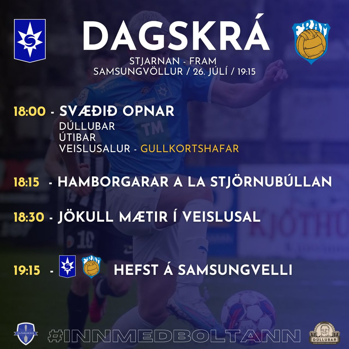 Dagskrá morgundagsins liggur fyrir. 

Stjarnan - Fram 
Samsungvöllur - Á MORGUN! - 19:15 

Spáð frábæru veðri, Stjörnutorgið mun skarta sínu allra fegursta! 💙

Skotheld uppskrift af góðu kvöldi á Samsungvelli hljómar ca. svona

SKÍNI STJARNAN 💙