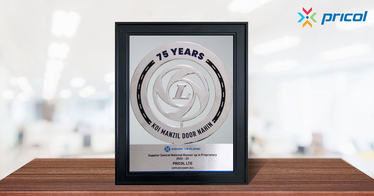 pricollimited's tweet photo. Pricol is thrilled and honoured to be recognized as the #SupplierSamrat National Runner-Up in Proprietary FY 22β23 by Ashok Leyland!
#NationalRunnerUp #ExcellenceInManufacturing #AshokLeyland #AutomotiveIndustry #ProudMoment #AwardWinners #PricolLimited https://t.co/Ujcijy6TOv