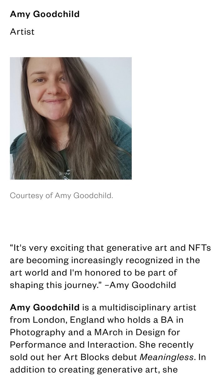Amy Goodchild (@amygoodchild) on Twitter photo I am thrilled to share that I've joined the <a href="/artblocks_io/">Art Blocks</a> Curation Board! I'm so excited to be part of this team! I am thrilled to share that I've joined the <a href="/artblocks_io/">Art Blocks</a> Curation Board! I'm so excited to be part of this team!