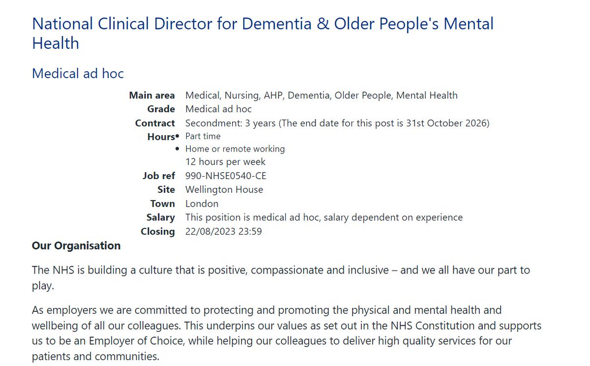 NHS England is now recruiting for a National Clinical Director for Dementia & Older People's Mental Health. The NCD will provide overarching specialist clinical leadership and advice. Secondment term: 3 years. england.nhs.uk/about/working-…
