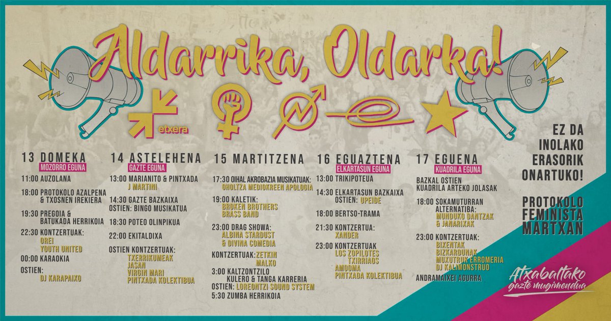 Aldarrika, oldarka, bidea irekitzen. Aldarri oro elkargurutzatzen, ulu eta garraxiak bazter guztietan zabaltzen! 💥

Hemen aurtengo egitaraua!⚡

#AldarrikaOldarka 📢