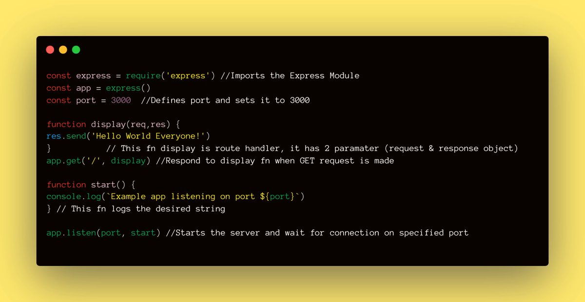 Shankaarrr's tweet image. Here is a code snippet to create an HTTP server using Express Js.
Prerequisites: Node.js and the Express.js library.
#100DaysOfCode #HTTPServer #100DaysOfOSS