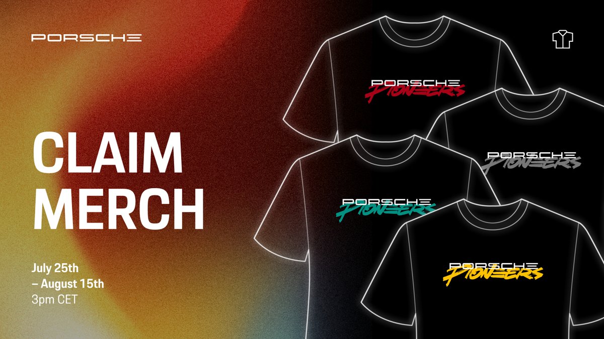 👕 PIONΞERS MERCHANDISE CLAIMING IS OPEN. 👕 You can now claim 1x shirt for every virtual 911 NFT you own until August 15th, 3PM CET. The details? 
🛣️ Roads: shirt accent colors = claimed road.
🔢 License plate: optional on each shirt.
🚢 Shipping: free for select countries.