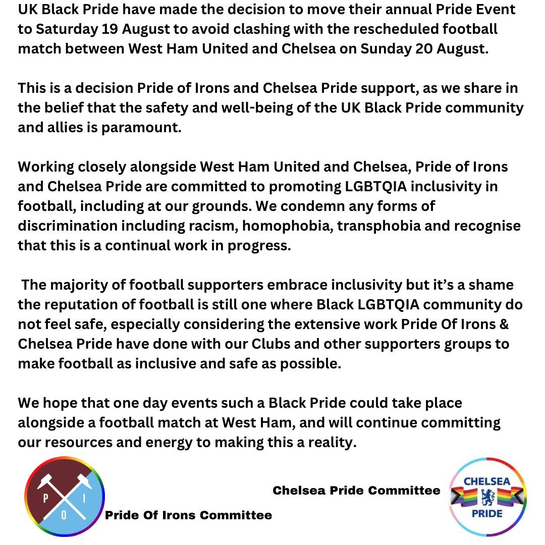 Chelsea Pride 🏳️🌈⚽️🏳️⚧️ (@chelseapride_) on Twitter photo Joint Statement from our committee and our friends <a href="/PrideOfIrons/">Pride Of Irons</a>
<a href="/ukblackpride/">UK BLACK PRIDE</a>
#StrongerTogerther | #LGBTQIA #Family | #NoToHate 🏳️🌈🏳️⚧️⚽️ Joint Statement from our committee and our friends <a href="/PrideOfIrons/">Pride Of Irons</a>
<a href="/ukblackpride/">UK BLACK PRIDE</a>
#StrongerTogerther | #LGBTQIA #Family | #NoToHate 🏳️🌈🏳️⚧️⚽️