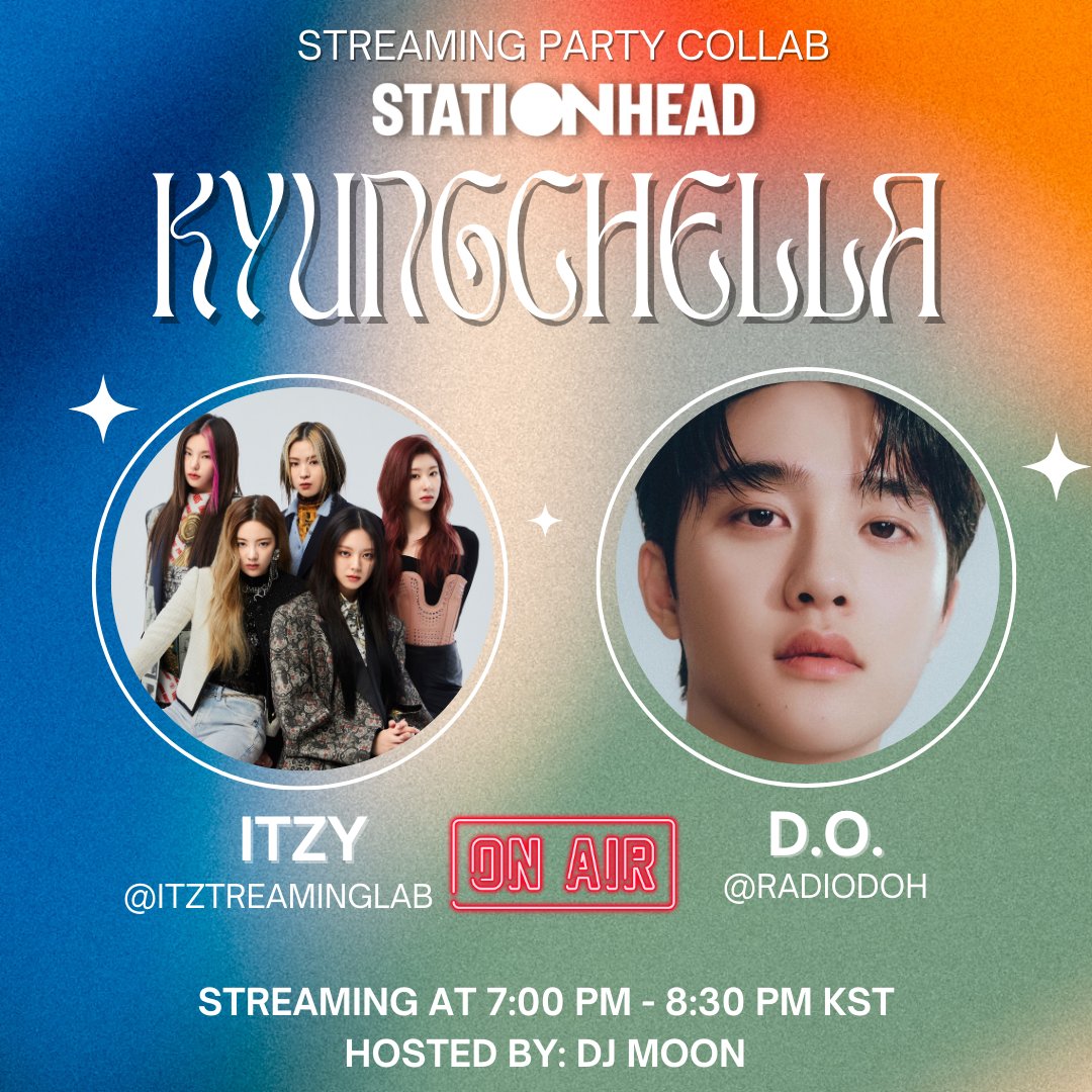 RADIODOH's tweet photo. [ON AIR: #DOxITZY] 🎧

The #Kyungchella party continues with @ITZTREAMINGLAB as our guest co-host. We'll be playing your favorite D.O. and ITZY songs once again! 🥳

Join the party now and maybe you'll win our major prize: https://t.co/io5i8i6D5V

#KYUNGSOO #도경수 #ITZY https://t.co/qreJOA9MVn