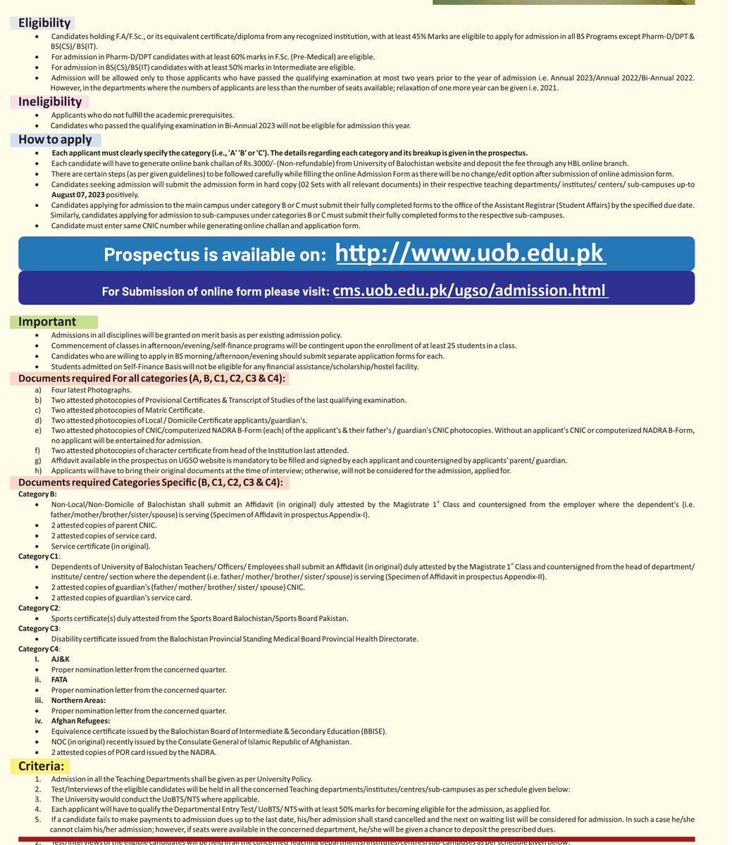UOBQuetta's tweet photo. #UOBQuetta 
Admissions OPEN for BS (4 years) and Pharm-D/DPT (5 years)
Fall 2023 Main Campus/SubCampuses
Fee: 3000 (Candidate can apply in 3 Departments)
Last Date to Apply 07 August 2023
For more information visit our website
https://t.co/VqIdyugudu
#UOBQuetta Share with friends https://t.co/4otNvCRoTv