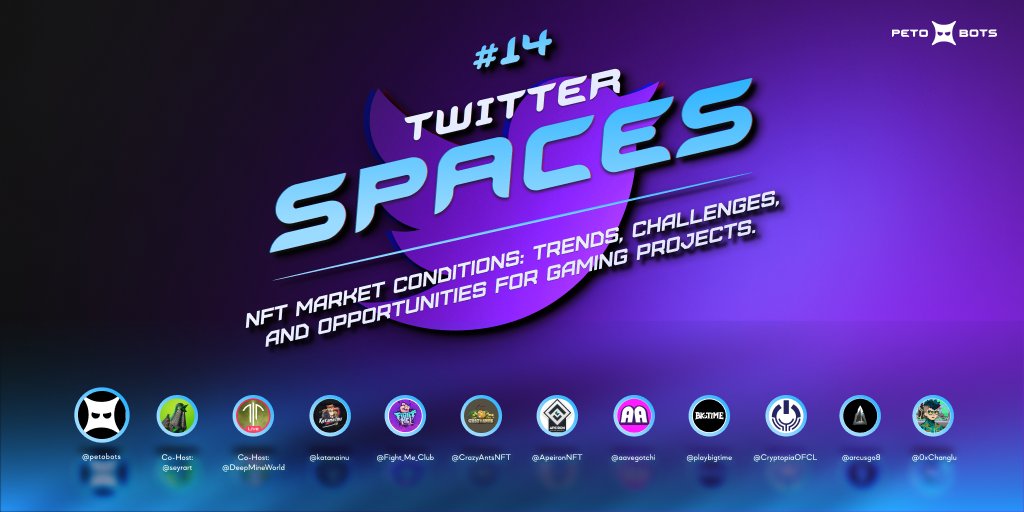 petobots's tweet photo. 🎙️Join Petobots Space Madness #14 on Wednesday, 3PM UTC!  

🗣️ Topic: NFT Market Conditions: Trends, Challenges, and Opportunities for Gaming Projects.

🎤 Co-host: @seyrart, @DeepMineWorld 

🫂 Guests: @ApeironNFT, @aavegotchi, @playbigtime, @CryptopiaOFCL, @katanainu, @Fight_Me_Club, @CrazyAntsNFT, @arcusgo8, @0xChanglu