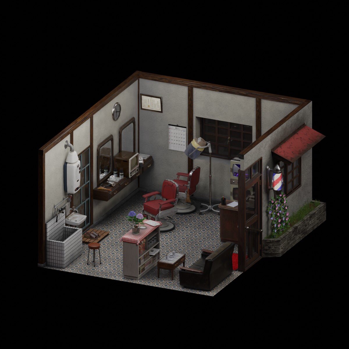 アサガオ作ったので昔作った昭和な床屋に植えてみました
#b3d #blender3d #3DCG