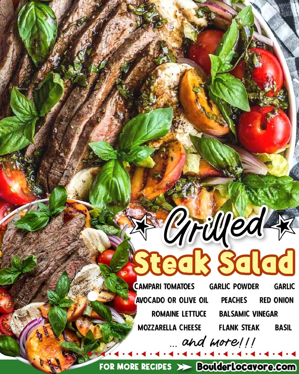 BoulderLocavore's tweet photo. RECIPE: https://t.co/YIIwts793S
Delicious grilled salad with seasoned grilled flank steak, grilled fresh peaches and mozzarella cheese with a bed of chilled Romaine lettuce. The combination of sweet, savory, hot and chilled ingredients makes this a summer salad winner every time. https://t.co/hQPgtXiZKS