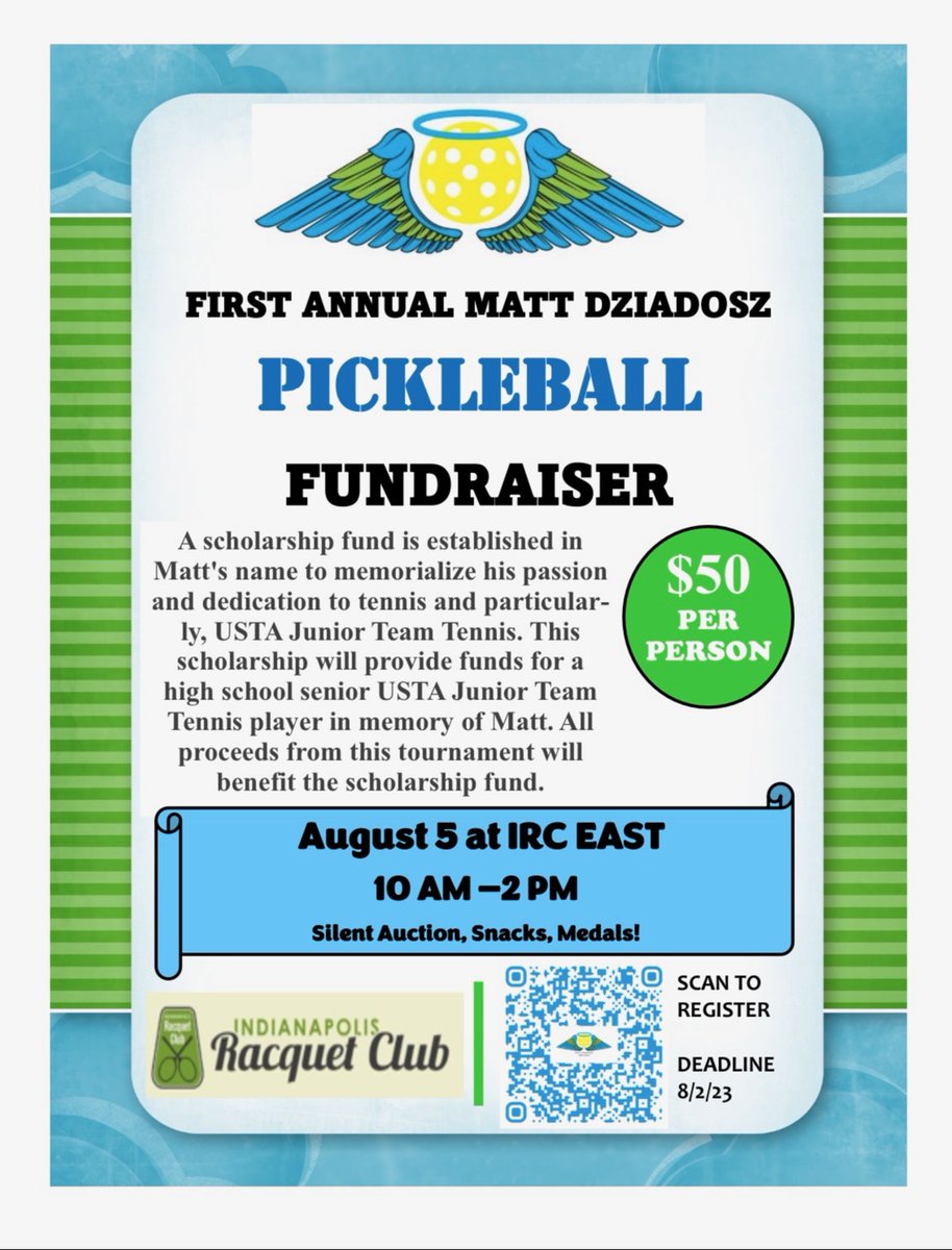 Indy_Open_75's tweet photo. A great event and cause is coming up quickly at IRC.  Anyone want to play pickle and support a scholarship named after one of our best community supporters?  This will be a fun event with a ton of prizes. https://t.co/TcYFwAjQFP