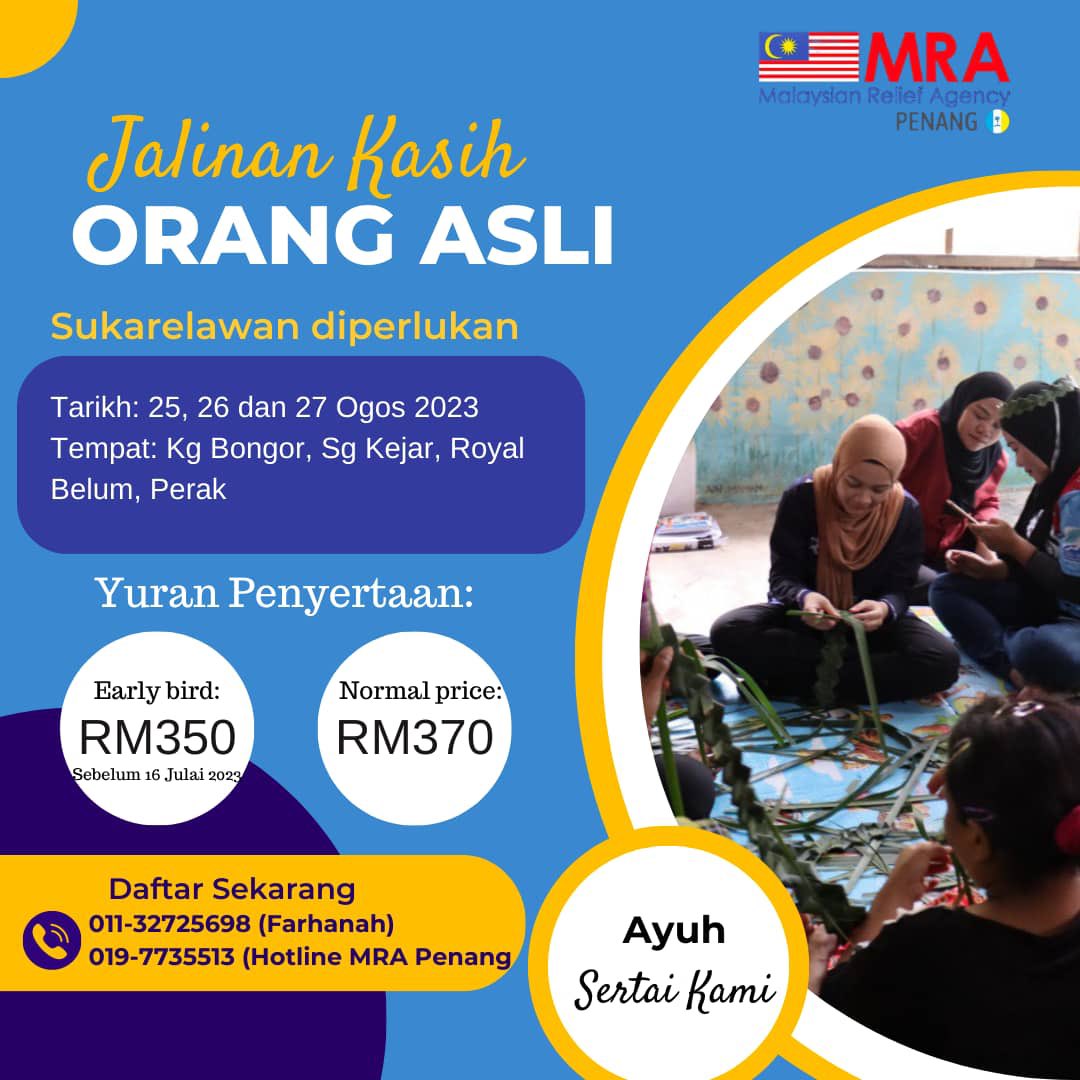 MRAPenang's tweet photo. Jom sertai kami bersama program menyantuni orang asli di Royal Belum!

Early bird registration extend till 8th Aug with price RM 350! 

Rasai pengalaman baru tidur di atas houseboat. 

#Penang #PermatangPauhdihatiku #MalaysianReliefAgency #MalaysiaViral #RoyalBelum https://t.co/DkLs4LhG87