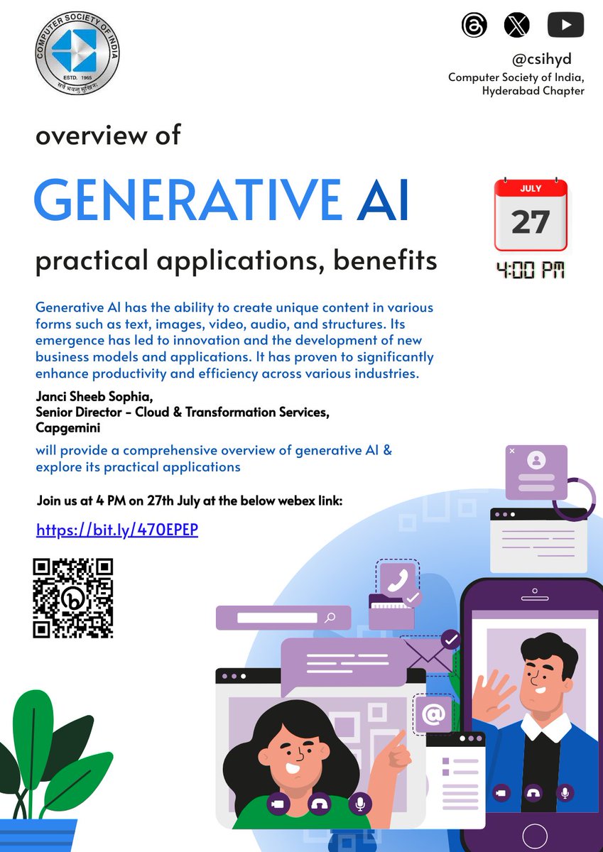 csihyd's tweet photo. Join us at 4 PM on 27th July 2023 (1 Hr) for an overview of Generative AI, practical applications and benefits.
https://t.co/J8Eb9CGbQP https://t.co/cd64cs5Drp