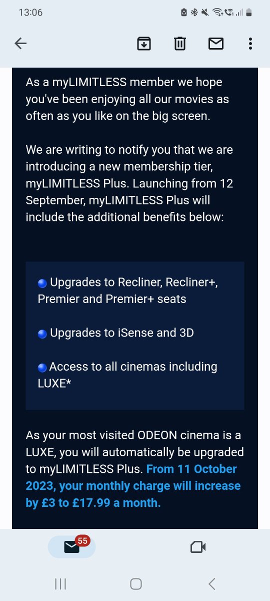 Nice email from Odeon telling me that my Limitless membership now, in fact, has Limits.