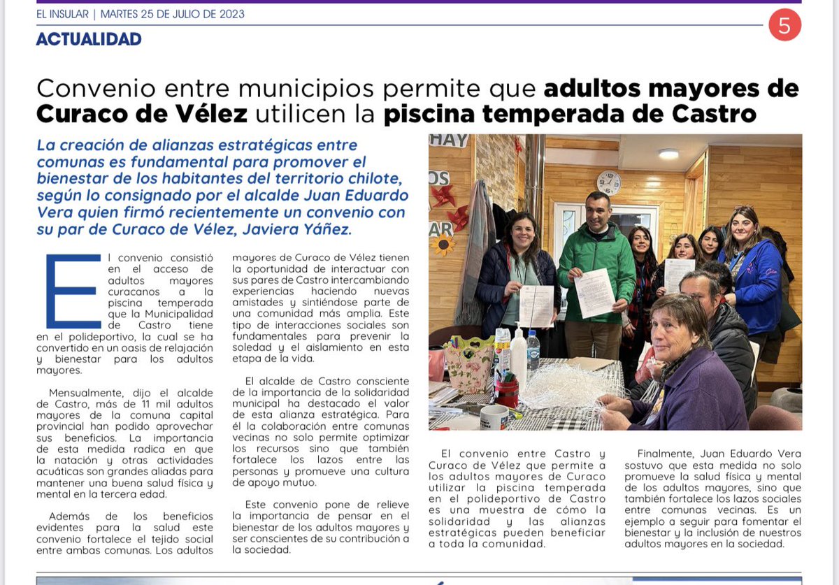 Juaneduardoconc's tweet photo. La prensa escrita Diario #EstrellaChiloé y periódico #ElInsular destaca convenio de colaboración entre los municipios de #Castro y #CuracoDeVélez. 

“Dicho convenio fortalece la integración  y la salud de adultos mayores”. https://t.co/t0owXWKf9q