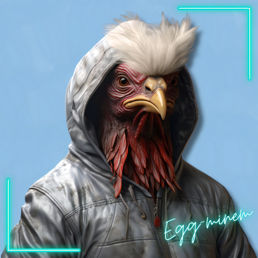 🚨 Teaser Alert 🚨 Meet Egg-Minem our Cluckmaster Slim, 50 He struts around the stage with his spiky, colorful feathers, crowing out sick beats and spitting eggscellent rhymes. His hit single? 'Lose Yourself (in the Barnyard)'! His rooster crow becomes the hottest new sound in…