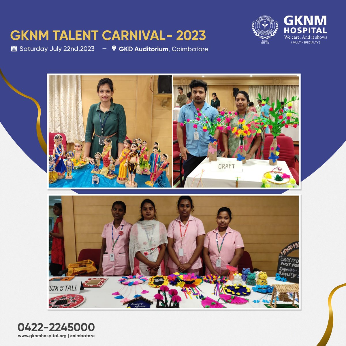 GKNMHospital's tweet photo. We, at #GKNM, are pleased to share that we had successfully conducted the #TalentCarnival 2023 that gave a chance to showcase the talents of our employees pertaining to uniqueness and creativity. The event was inaugurated by Dr. Ragupathy Veluswamy, CEO, #GKNMHospital. https://t.co/CKR17y2C8I