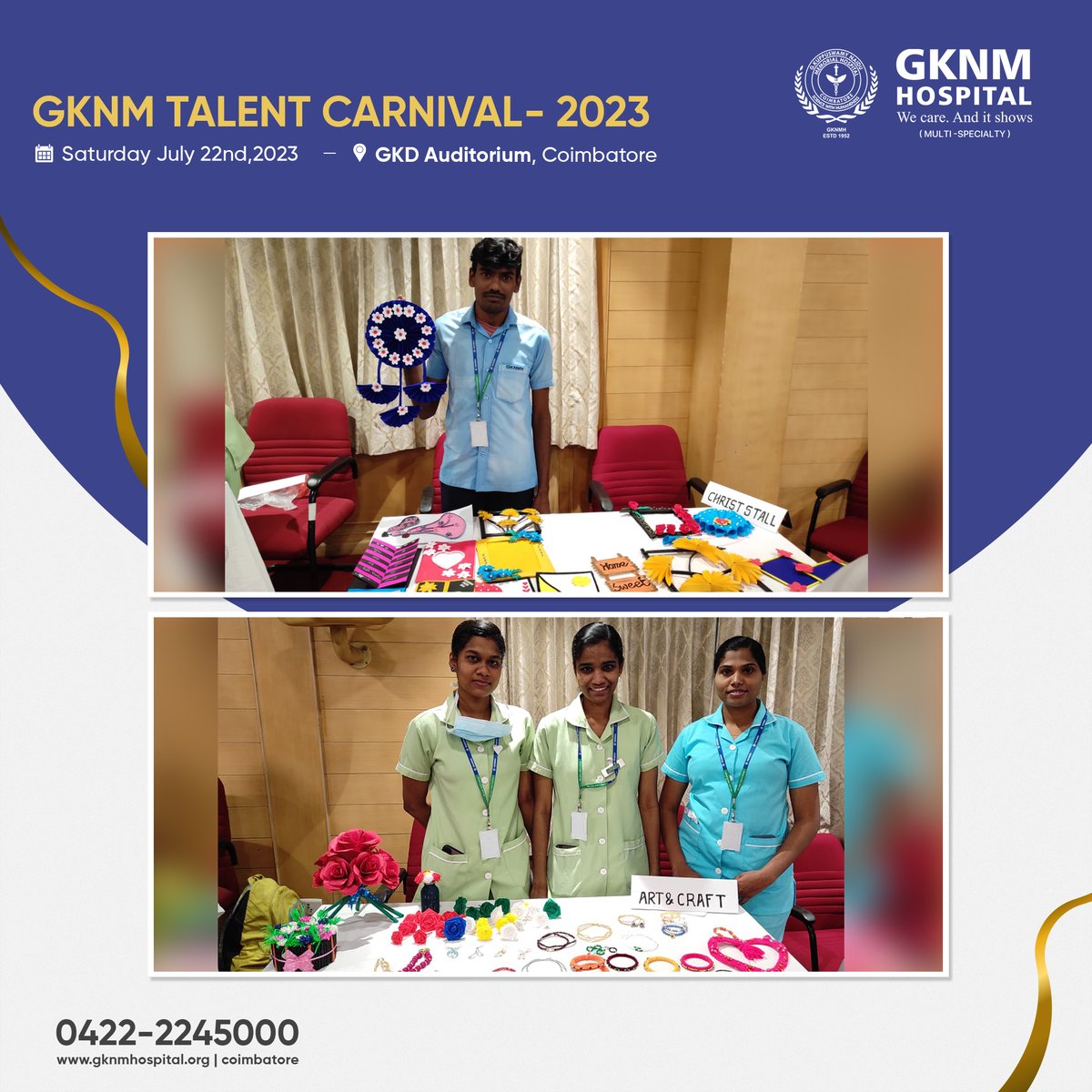 GKNMHospital's tweet photo. We, at #GKNM, are pleased to share that we had successfully conducted the #TalentCarnival 2023 that gave a chance to showcase the talents of our employees pertaining to uniqueness and creativity. The event was inaugurated by Dr. Ragupathy Veluswamy, CEO, #GKNMHospital. https://t.co/xO11HSUrNE