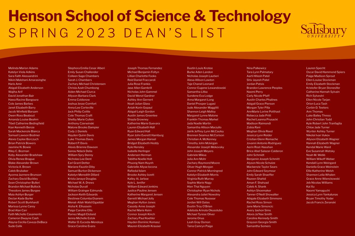 SalisburyU's tweet photo. Congratulations to students in SUβs Henson School of Science who made the Deanβs List for the spring 2023 semester!
#GoGulls #MakeTomorrowYours https://t.co/waZj0i688a
