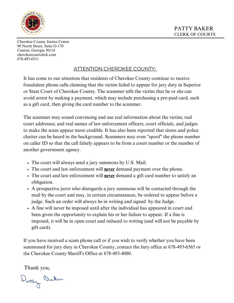 CherokeeClerk's tweet photo. Beware of Jury Scams! https://t.co/lxeQGyB3x1