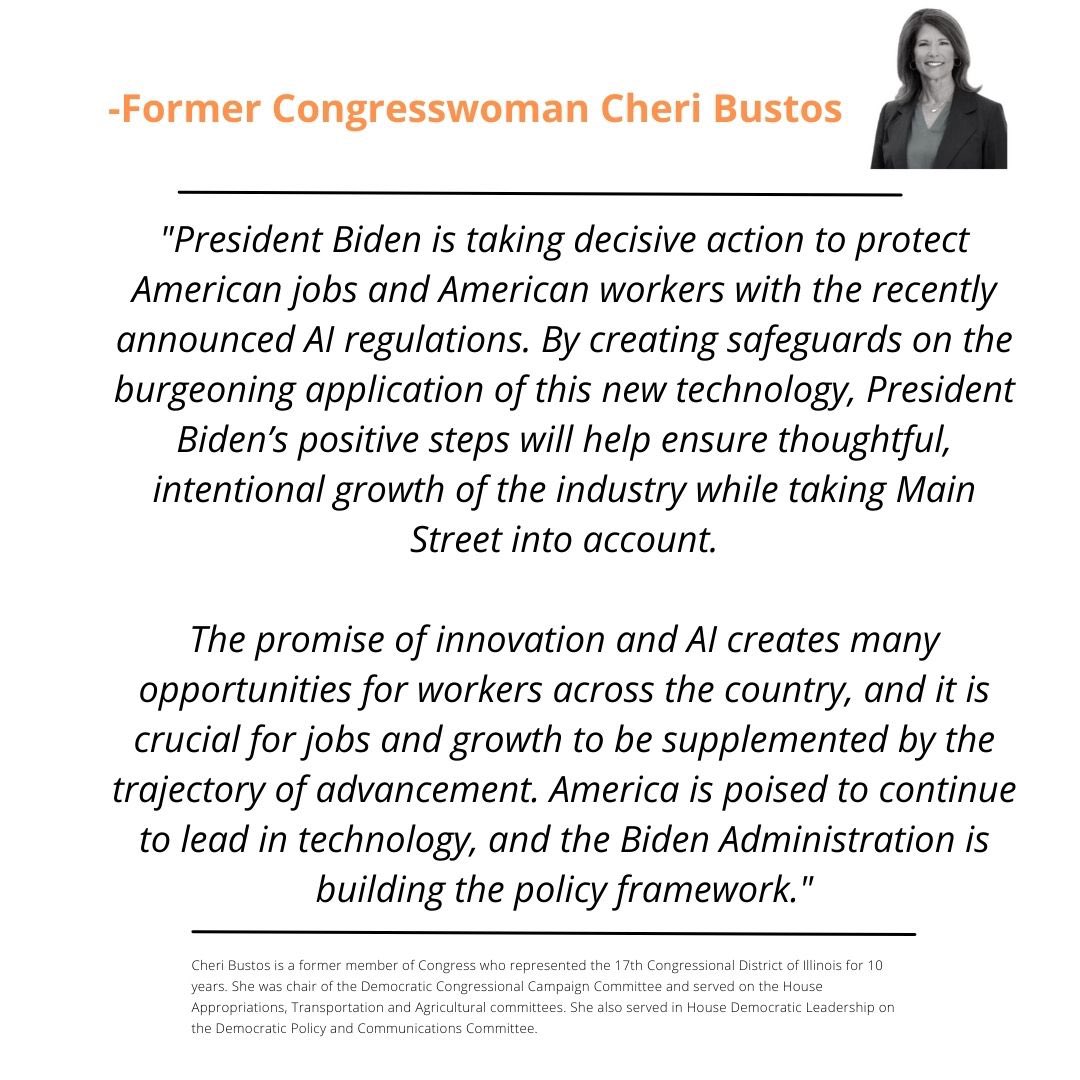 President Biden is taking decisive action to protect American jobs & American workers with the recently announced AI regulations. By creating safeguards on this new technology, the President’s steps help ensure thoughtful, intentional growth of the industry…