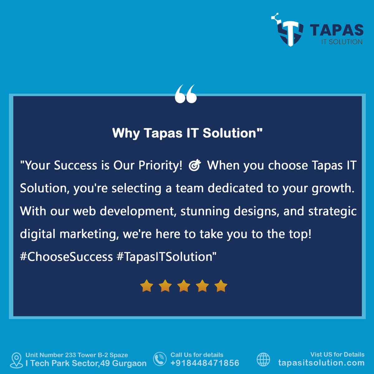 Choose Tapas IT Solution for unparalleled success! 🚀 Exceptional web development, captivating designs, and strategic digital marketing to take you to the top! 

📲 +91 8448471856
📩 admin@tapasitsolution.com
.
.
.
#TapasITSolution #UnparalleledSuccess #WebDevelopment