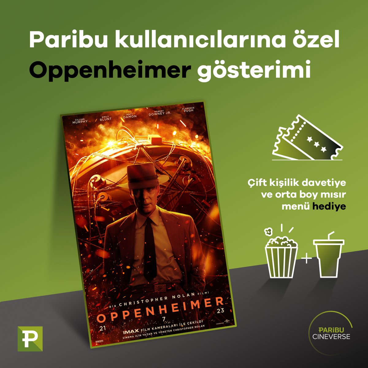 Soruya doğru cevap veren Paribu kullanıcıları, #Oppenheimer'ı 7 Ağustos’ta, Paribu Cineverse Kanyon ve Paribu Cineverse Hilltown İstanbul’da izliyor:

"Oppenheimer filminde Amerikalı fizikçi J. Robert Oppenheimer’ı canlandıran oyuncu kimdir?” 🎬

Çift kişilik davetiyenin sahibi