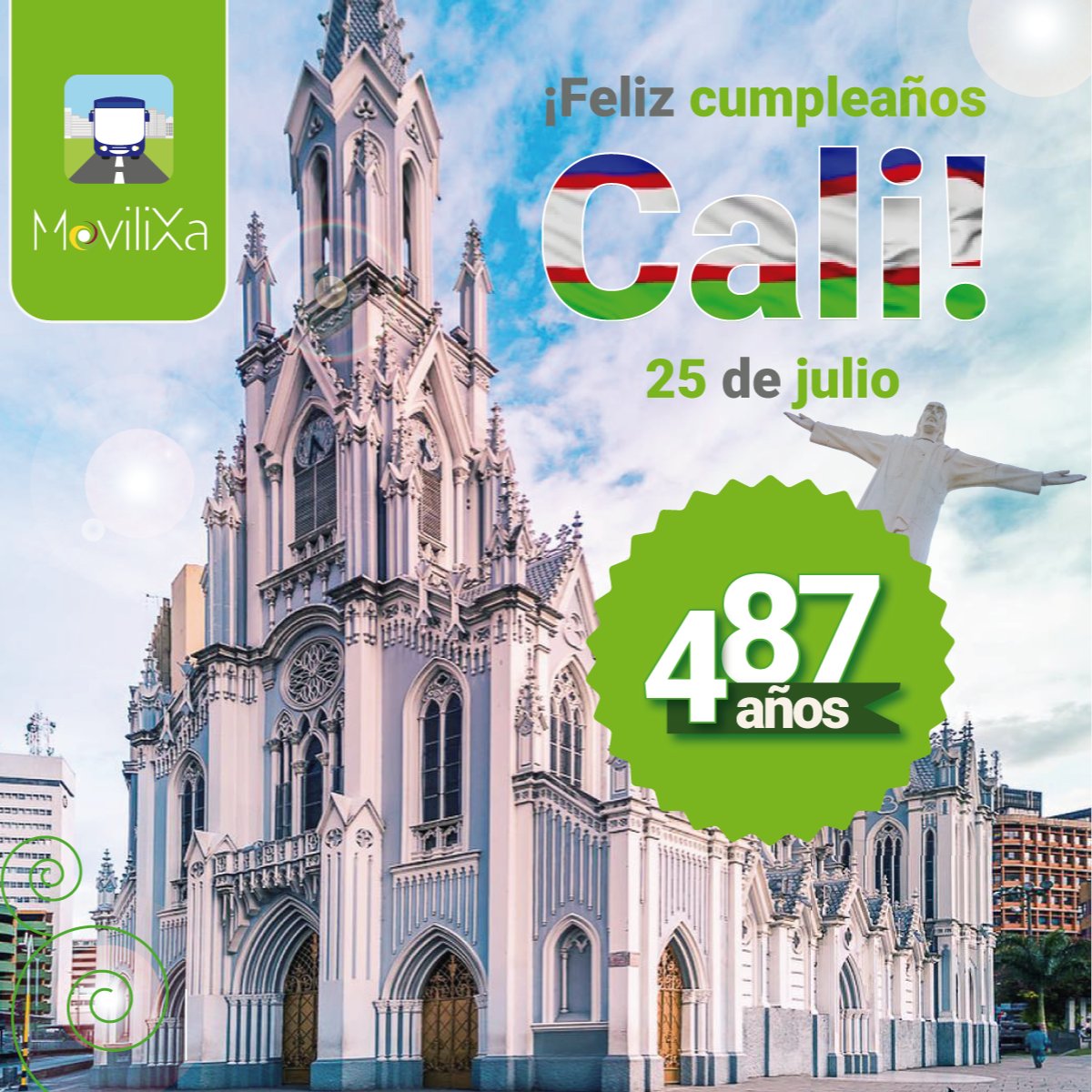 movilixa's tweet photo. 🎉 ¡Feliz cumpleaños, Cali! 🎂🎉

Hoy celebramos con alegría y orgullo el cumpleaños número 487 de Cali 🎊🥳 ¡487 años de historia, cultura y tradición! 
¡Que viva Cali, la Sucursal del Cielo, por siempre en nuestros corazones! 💚🌟

#Cali487Años #CumpleañosCali https://t.co/tAUrGdnNAW
