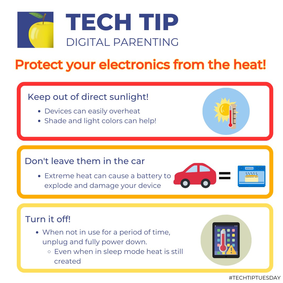 rlascusd116's tweet photo. Electronic devices can be damaged by extreme heat. Today's #TechTipTuesday116 shows you simple ways to keep your devices safe from heat damage. https://t.co/7iY22HQ7ae