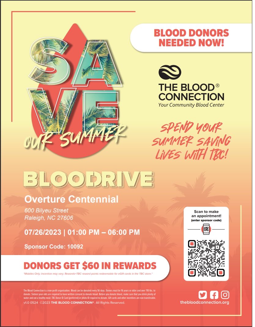 Blood Drive 
600 Bilyeu St #Raleigh #raleighNC #OvertureCentennial #activeadult #liveoverture #greystar #saveoursummer #blooddrive 
#thebloodconnection