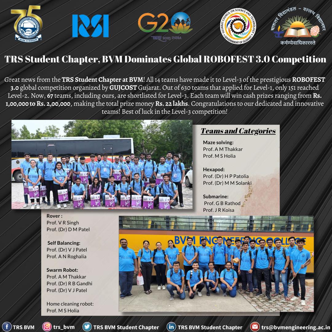 BvmTrs's tweet photo. 🎉Great News from TRS Student Chapter at BVM!

Out of 630 teams that applied for Level-1, only 151 made it to Level-2, and now, a total of 67 teams, including the 14 exceptional teams from BVM, are shortlisted for Level-3!

#trs #bvm #cvm #Robofest3.0 #infogujcost #Dst https://t.co/3fVSzqs7K2