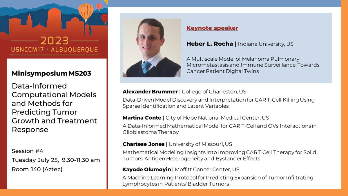 Guillermo Lorenzo (@guillelorenzogz) on Twitter photo Good morning #USNCCM17 !! Today we have the last session of our #mathonco minisymposium, which will be started by a keynote talk by <a href="/HeberLRocha/">Heber Rocha</a>. Come check it out !!
All info below 👇👇 Good morning #USNCCM17 !! Today we have the last session of our #mathonco minisymposium, which will be started by a keynote talk by <a href="/HeberLRocha/">Heber Rocha</a>. Come check it out !!
All info below 👇👇