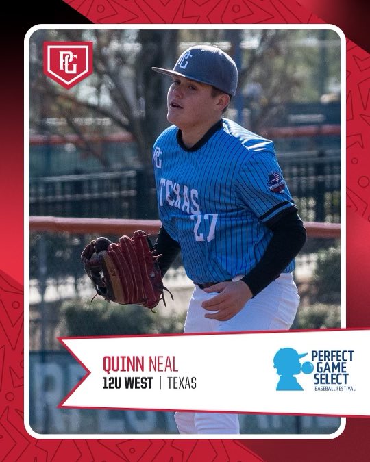 QuinnNeal20's tweet photo. Honored to be chosen again for the 12U PG SelectFest! Thank you Coach Taylor and @coryaldridge33 for making me a better ball player.
@PGSelectFest @PGYouthBB @katyhsbaseball @Texas_PG @PGShowcases @BanditoBaseball
#alwaysearnednevergiven #hardworkpaysoff #pgbombsquad https://t.co/edztWSRhTF